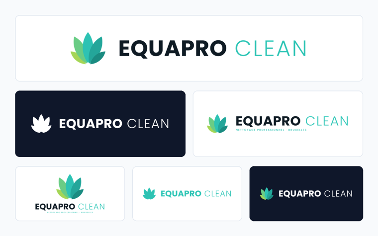 Les déclinaisons du logo Equapro Clean : horizontale, verticale, signature, monochrome et version blanche sur fond sombre.