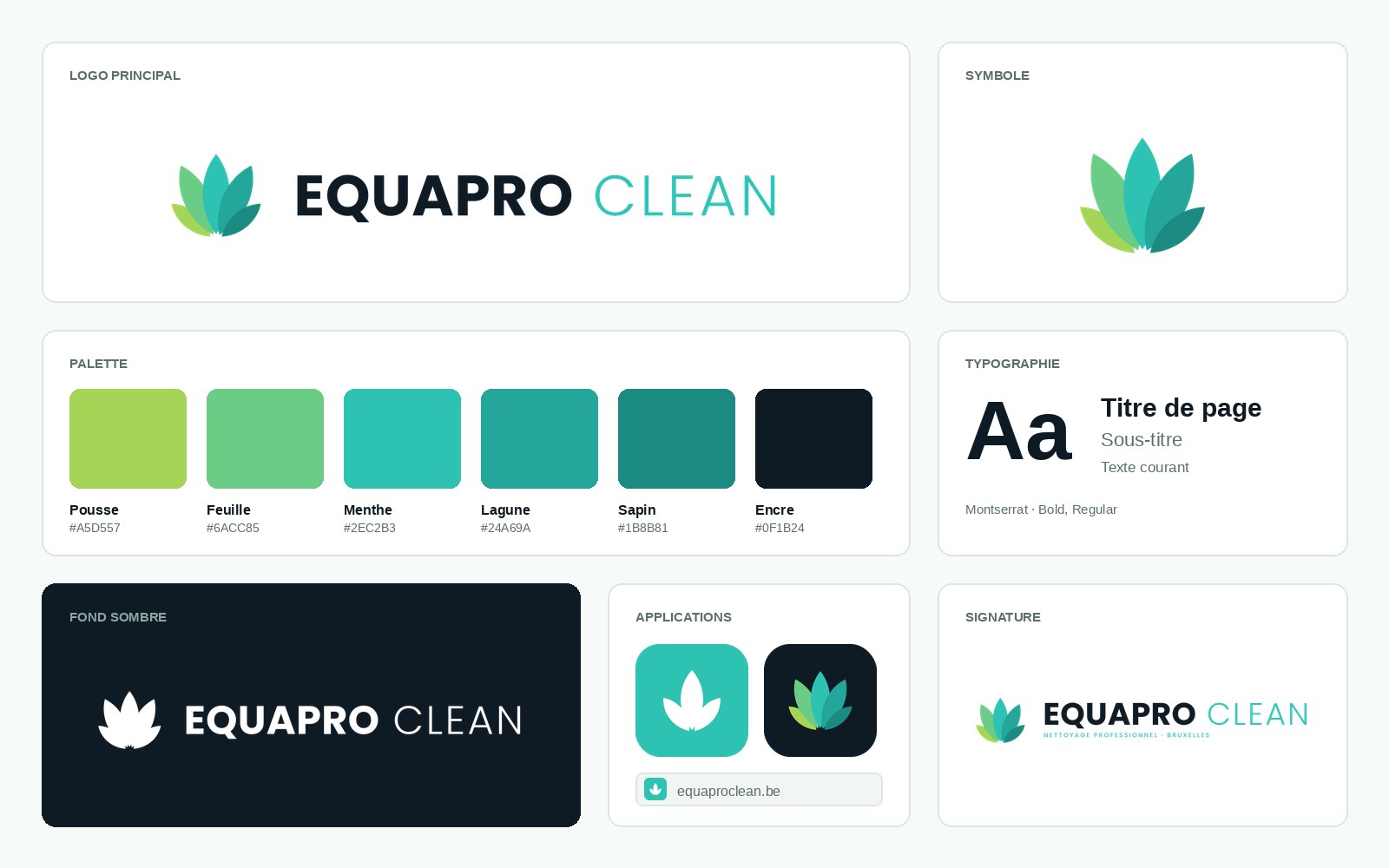 Planche d'identité Equapro Clean : logo principal, symbole, palette de six teintes, typographie, version blanche sur fond sombre, applications et signature.