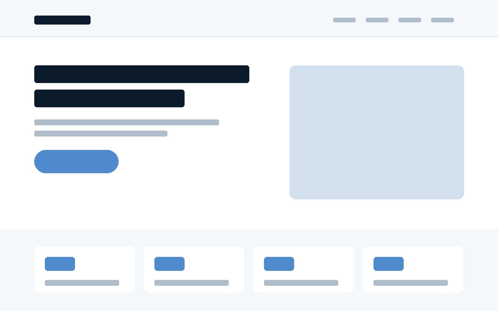Schéma d'une page web réduite à ses blocs : un en-tête, un titre, un bouton d'action et une rangée de quatre modules identiques, figurés en aplats gris et bleus.