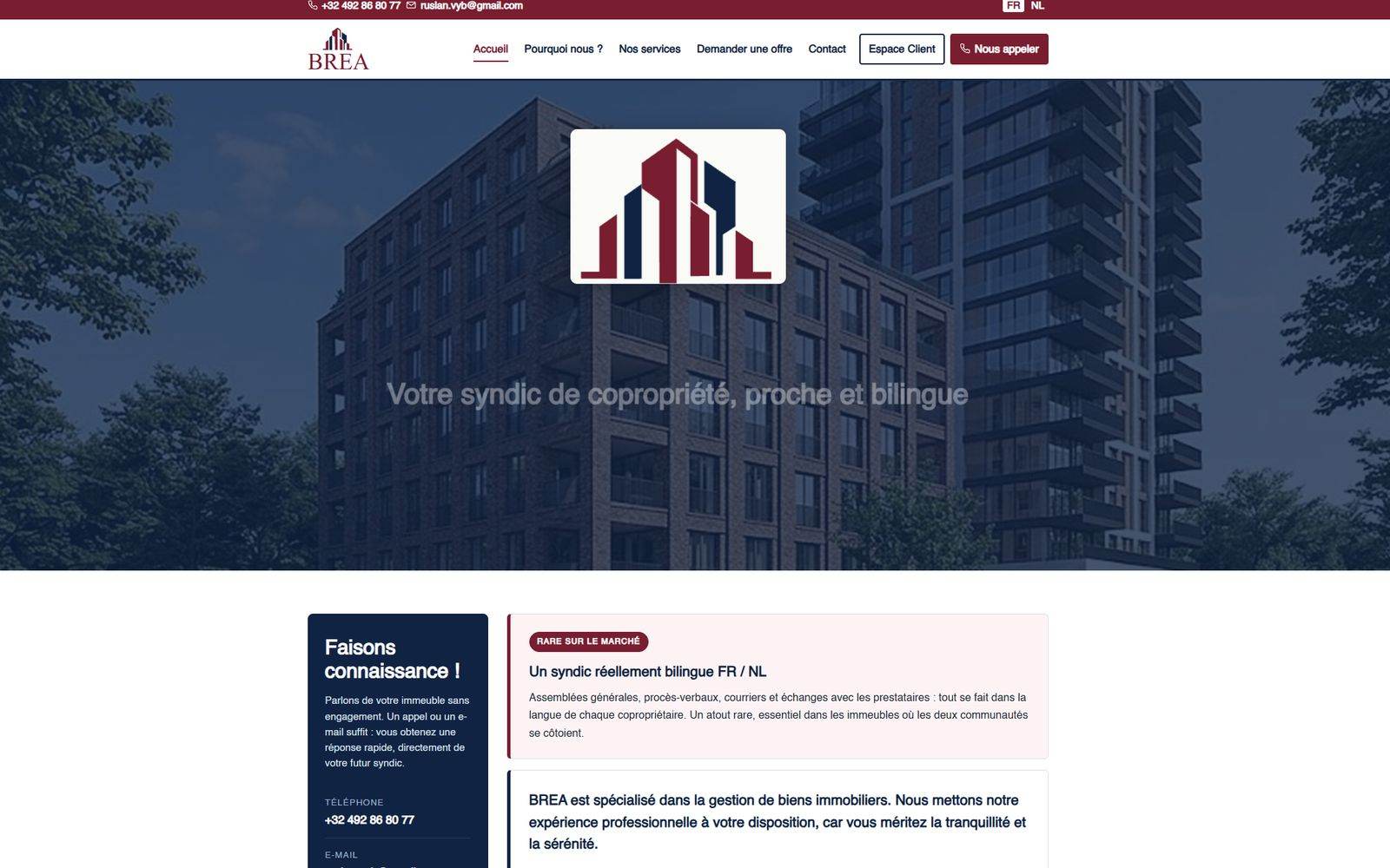 Page d'accueil de BREA : photographie d'immeuble voilée de marine, logo au centre, titre « Votre syndic de copropriété, proche et bilingue ».