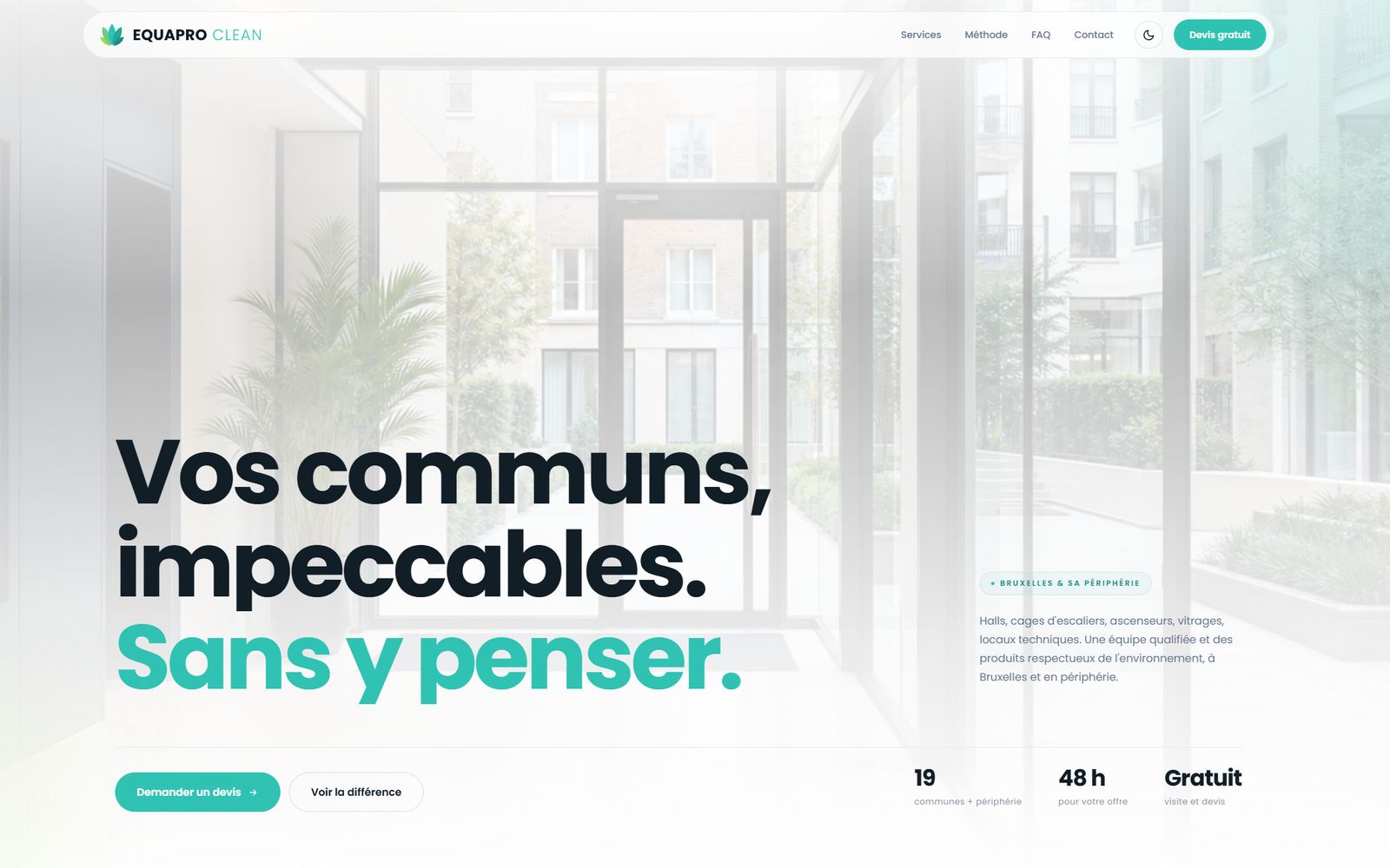 Page d'accueil d'Equapro Clean : titre en grand, photo de bureaux impeccables, bouton de devis.