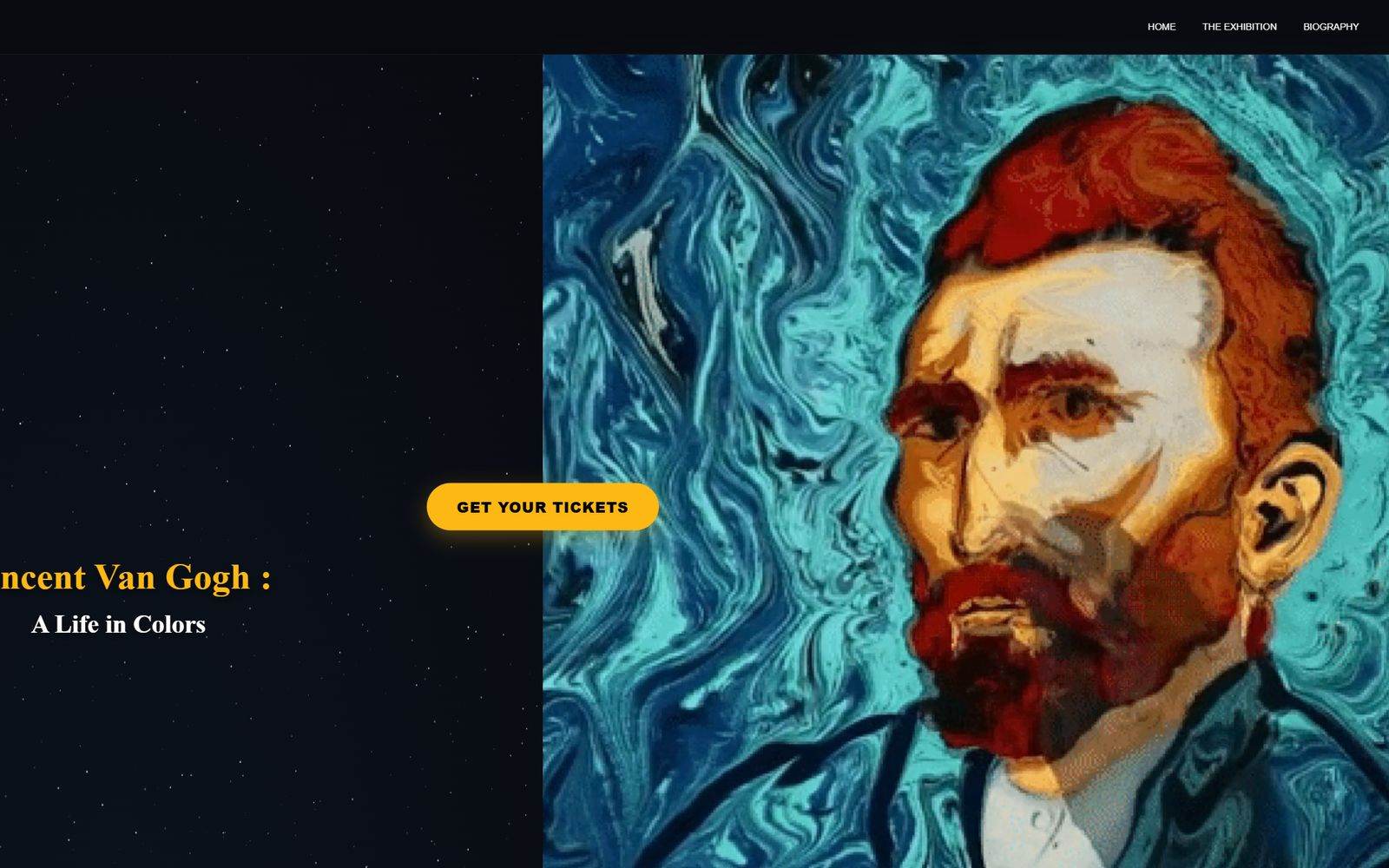 Page d'accueil de l'exploration Van Gogh : salle d'exposition projetée, titre en très grand corps.