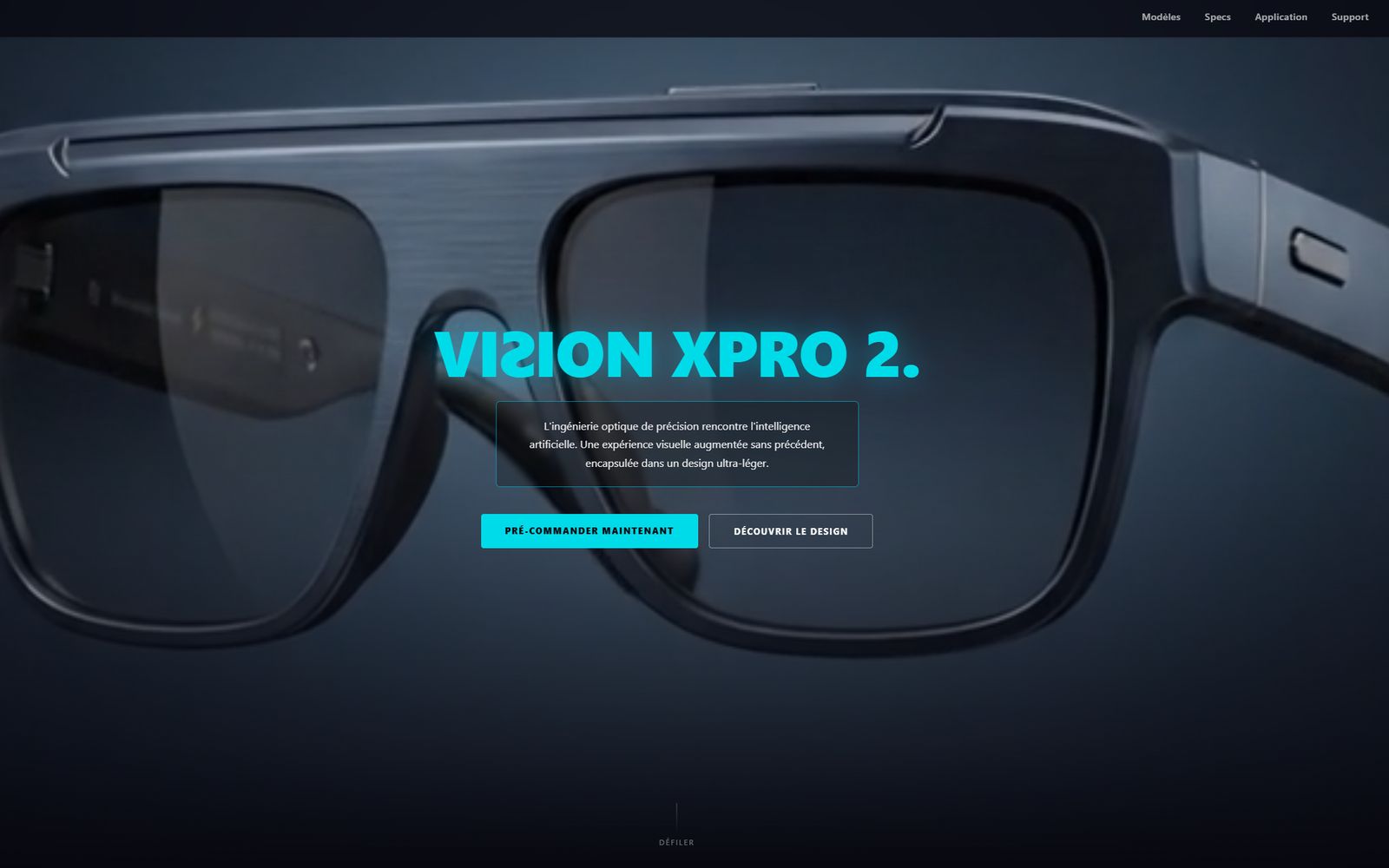 Page produit VisionXpro : appareil présenté sur fond sombre avec des chiffres clés en surimpression.