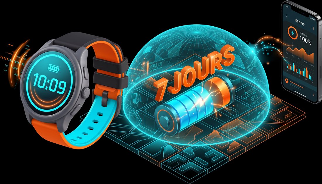 La montre et un hologramme de batterie annonçant 7 jours d'autonomie
