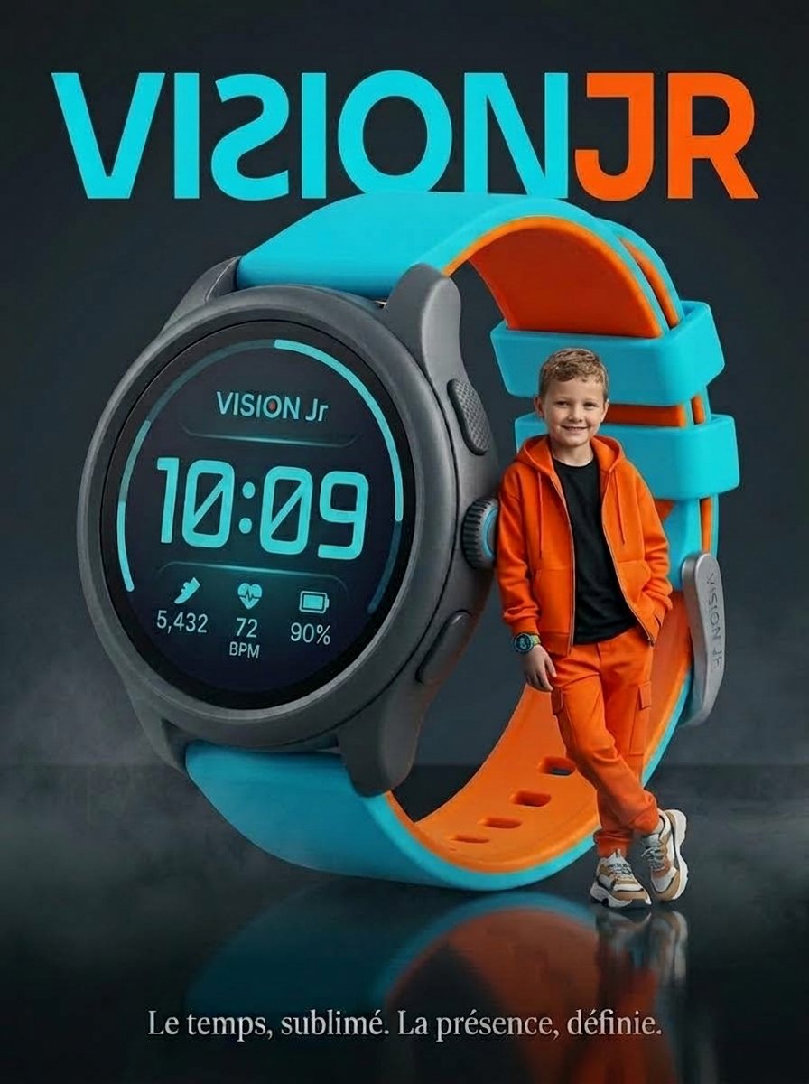 Un enfant en tenue orange devant une montre Vision JR cyan et orange