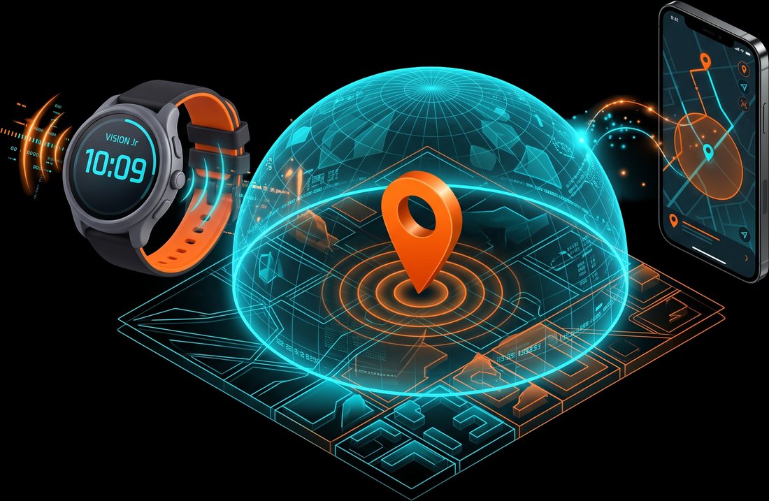 La montre, une bulle GPS et le téléphone parent affichant la position de l'enfant
