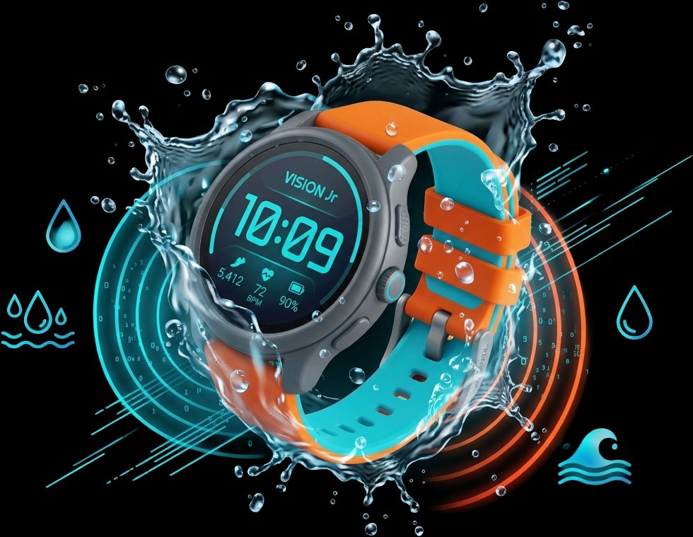 La montre Vision JR sous une éclaboussure d'eau
