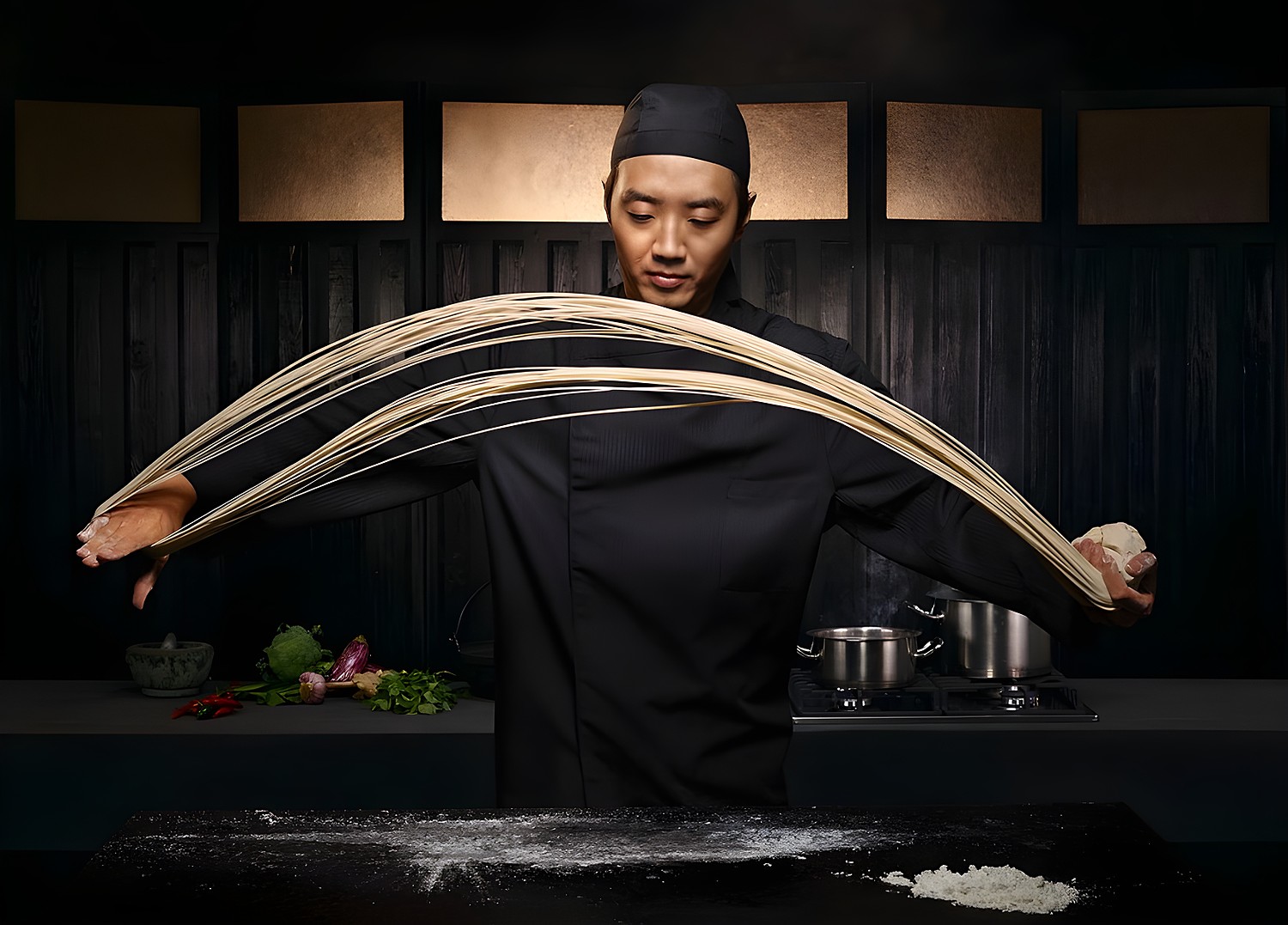 Chef Yūgen étirant à la main une pâte à nouilles fraîche au-dessus du plan de travail