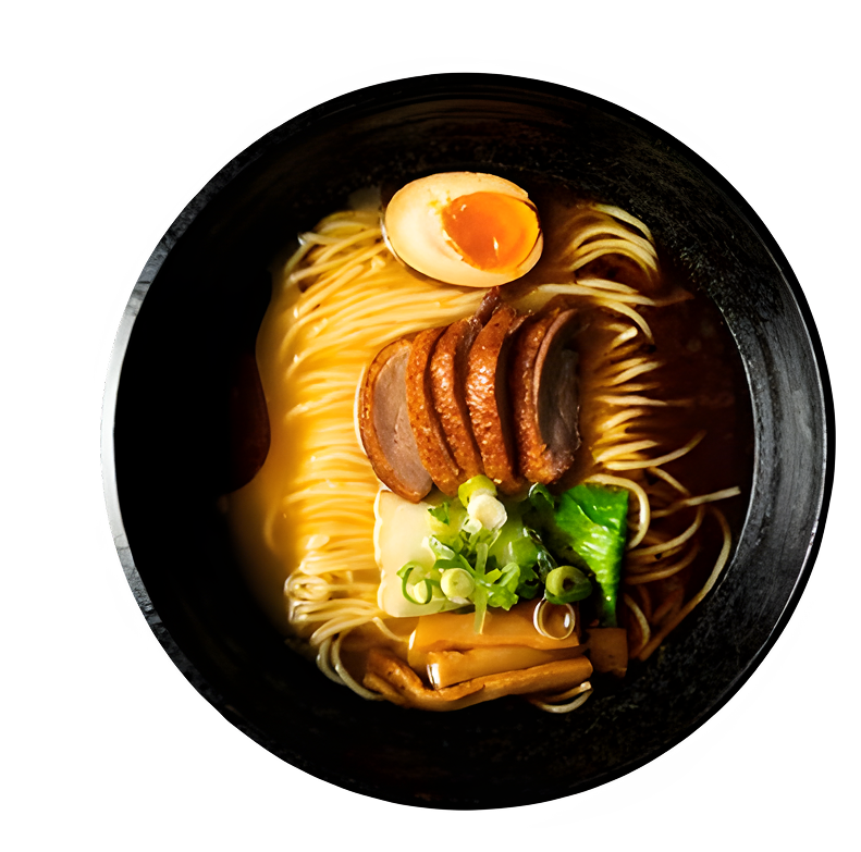 Bol de ramen Yūgen vu de dessus, avec œuf ajitsuke, chashu et oignons verts