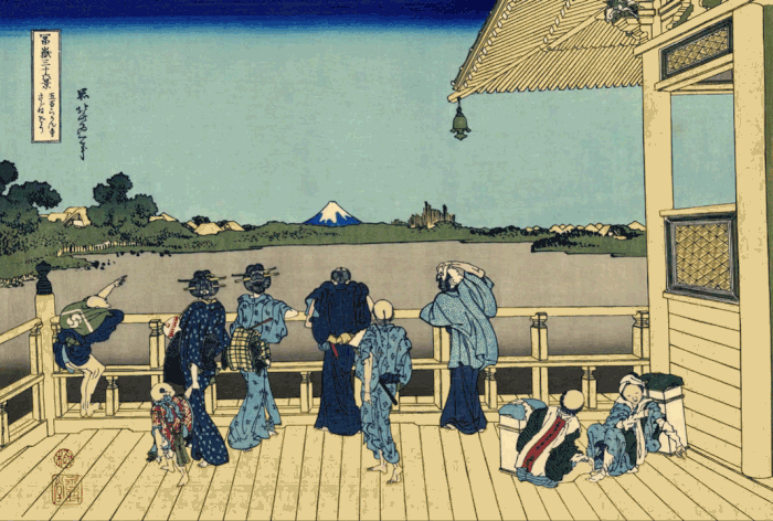 Animated Hokusai print of visitors admiring Mount Fuji from the Sazai-dō temple balcony