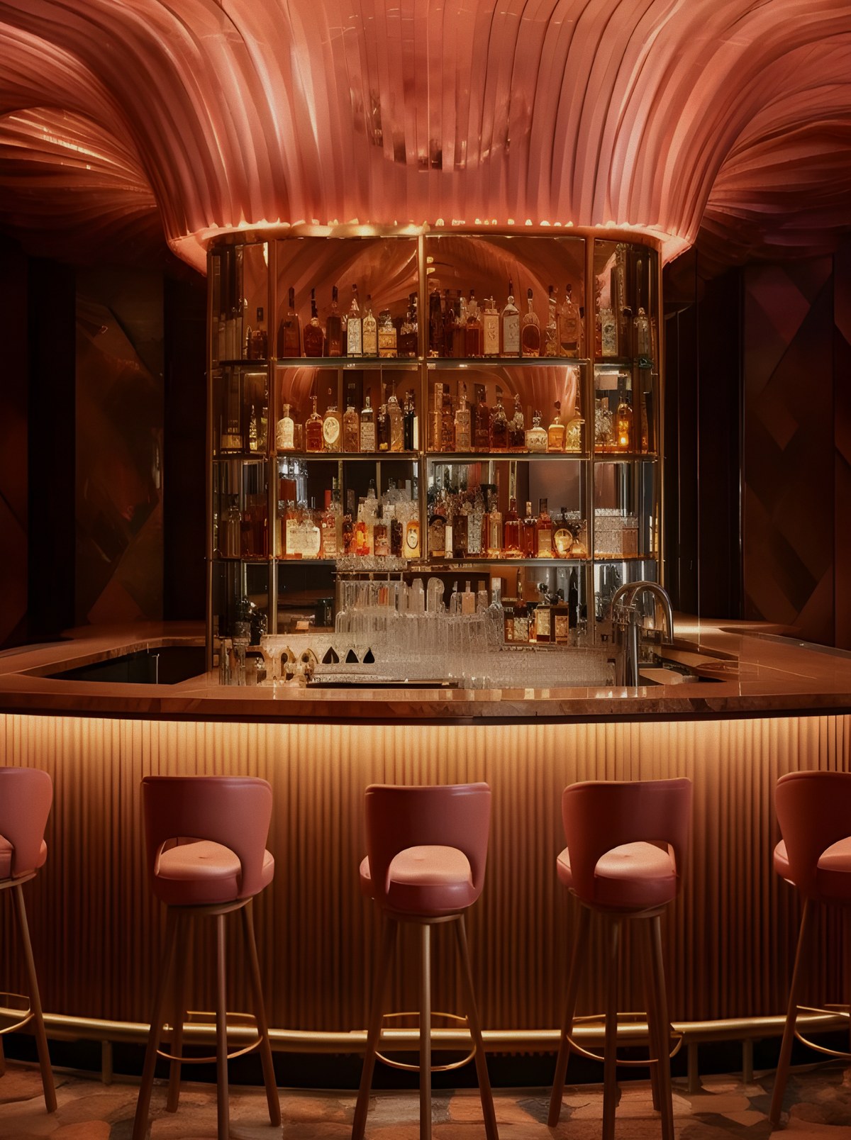 Bar à sakés Yūgen, tabourets roses et étagères de bouteilles éclairées