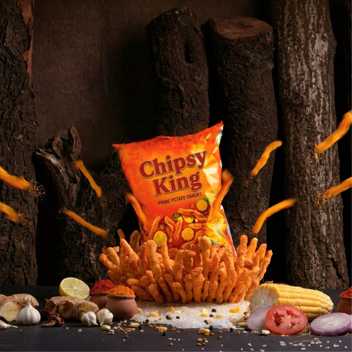Paquet Chipsy King entouré de chips, d'épices et de légumes devant des bûches de bois