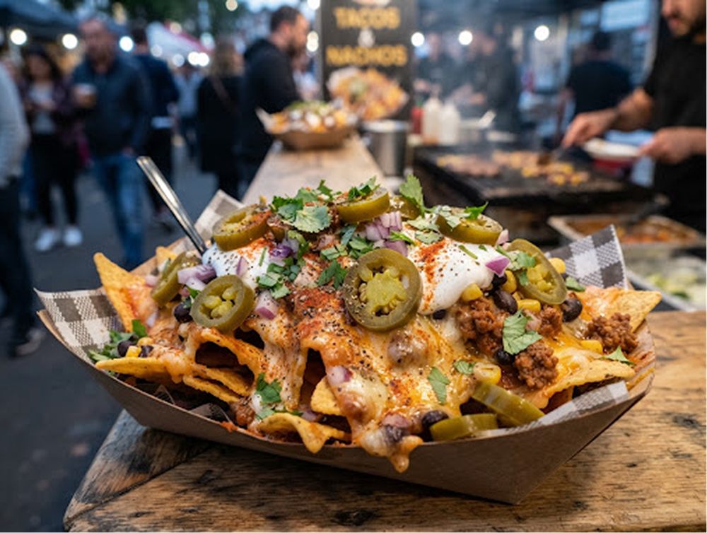 Nachos au cheddar fondant, jalapeños et épices dans une barquette