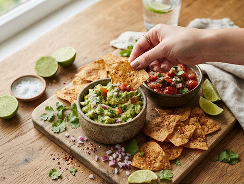Tortilla plongée dans un guacamole frais et une salsa maison