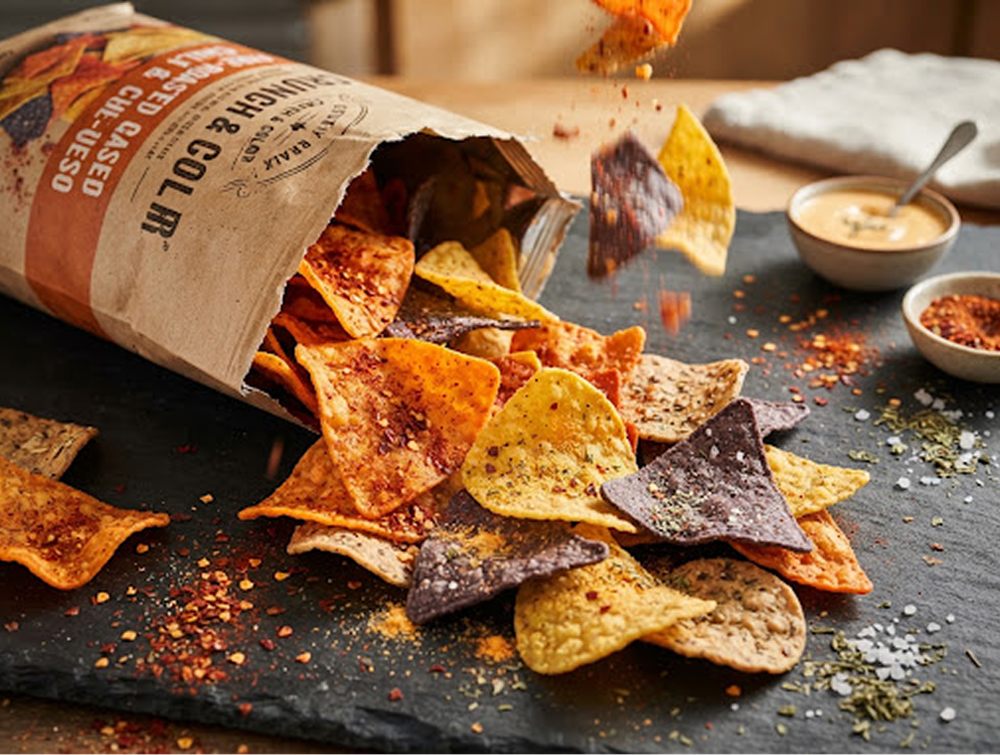 Tortillas artisanales épicées qui sortent d'un sachet kraft, avec un dip crémeux