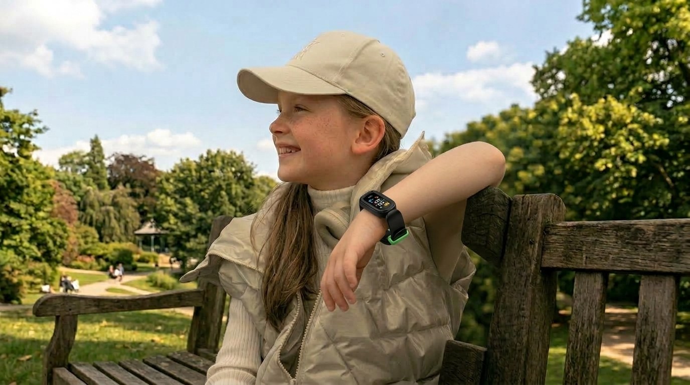 Fille à la casquette assise sur un banc, portant la montre Sporty noire