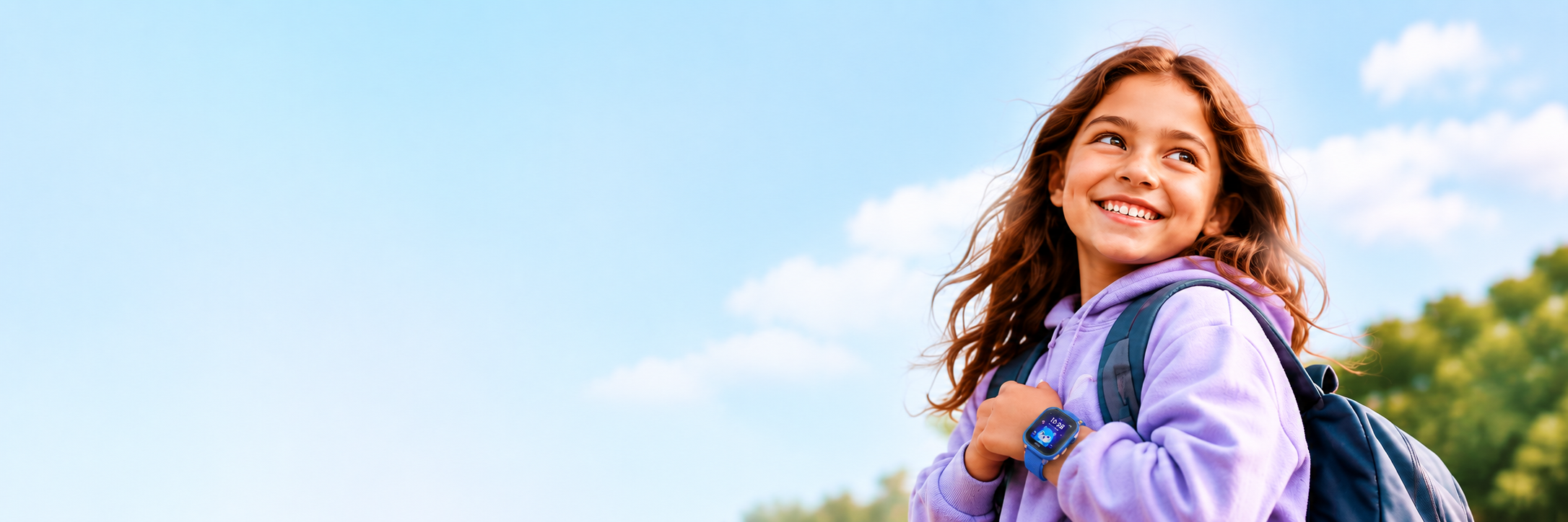 Fille souriante portant la montre KiddoWatch
