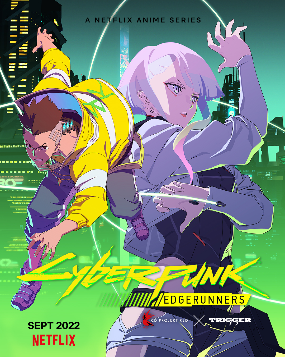 Affiche de Cyberpunk: Edgerunners : David et Lucy en plein saut devant Night City