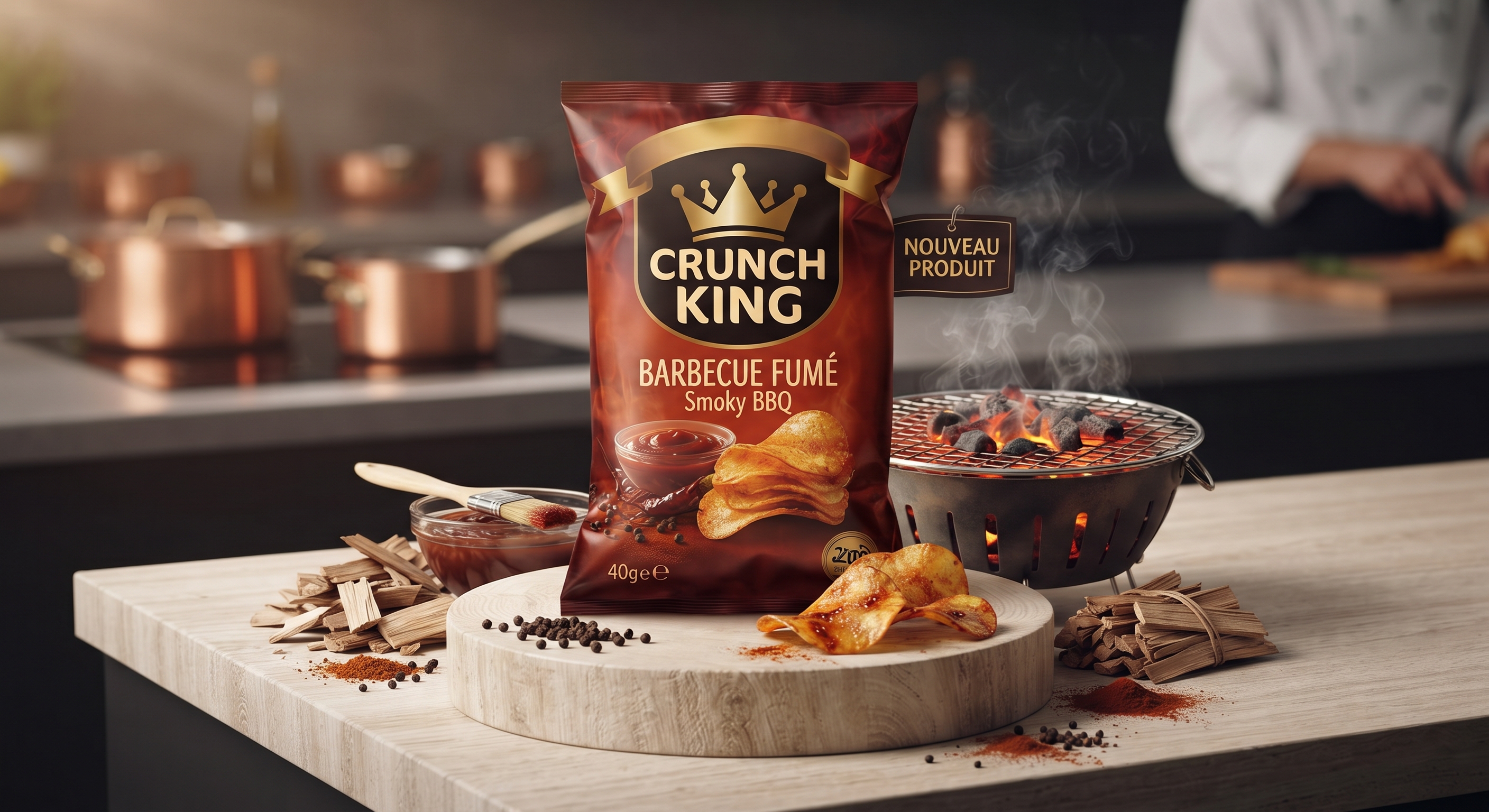 Nouveau paquet de chips Crunch King Barbecue Fumé posé sur un plan de travail avec braises et bois fumant