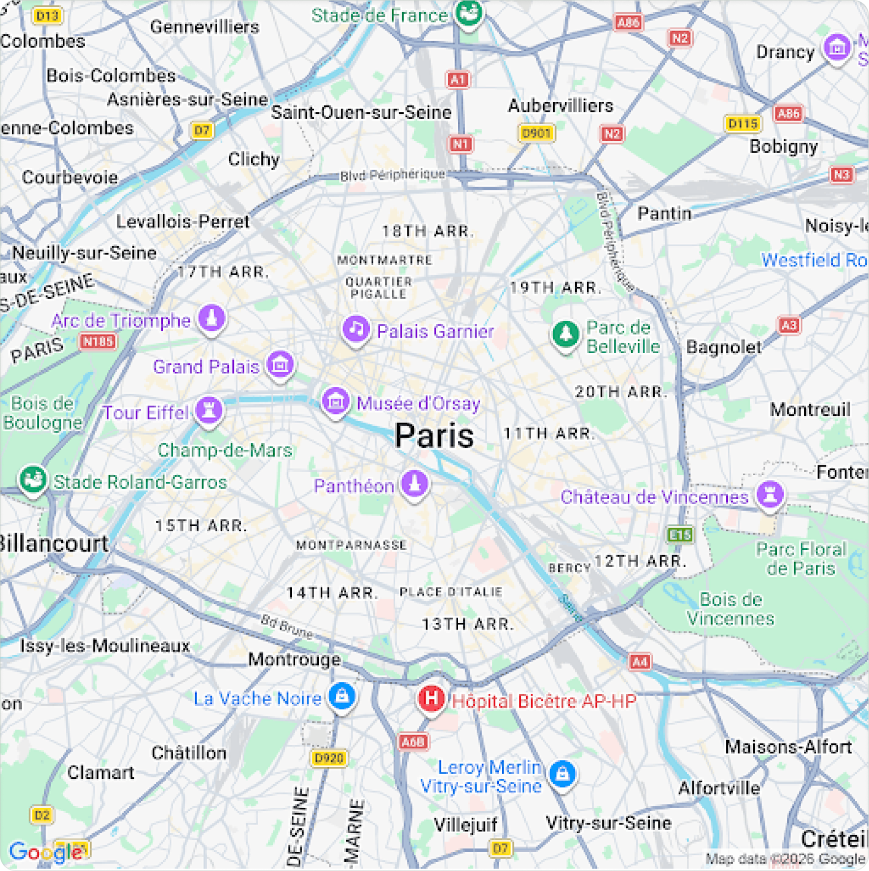 Carte Google Maps de Paris et sa proche banlieue, avec plusieurs points de vente Crunch King repérés