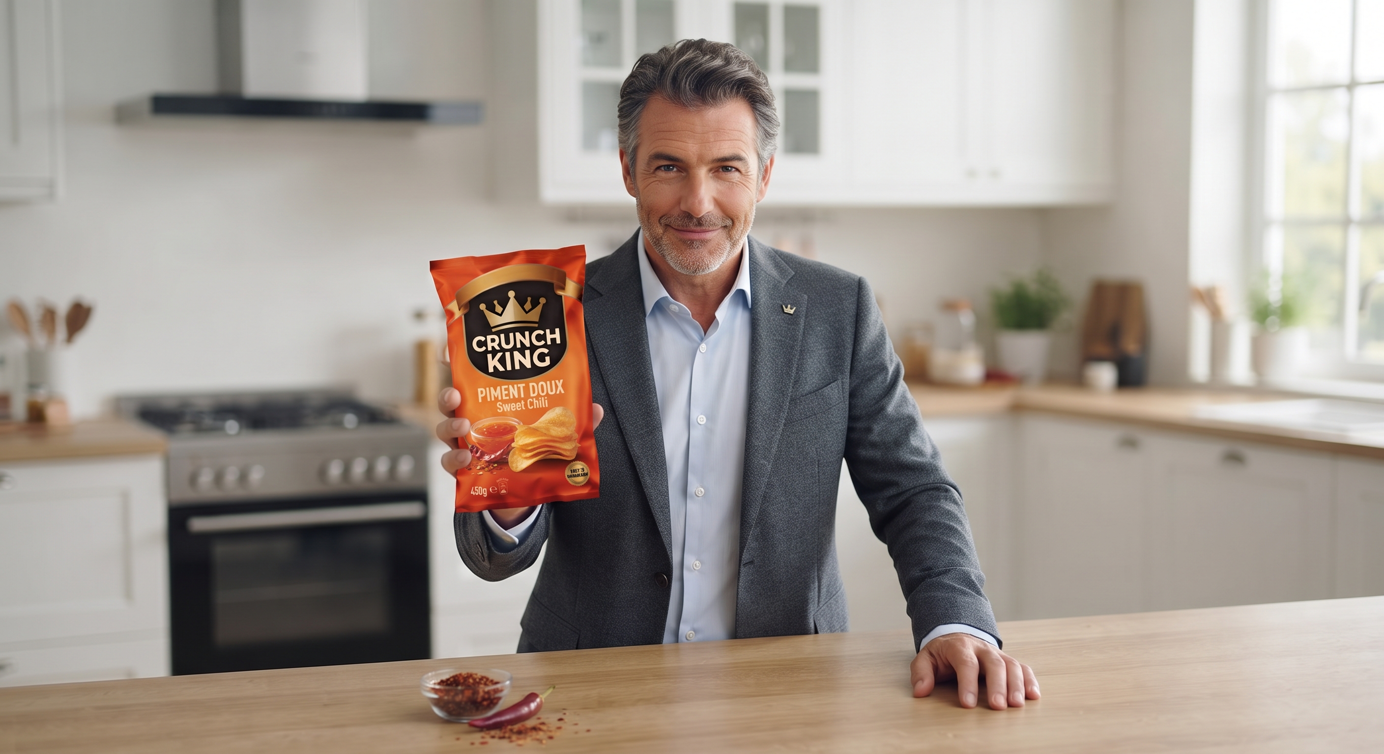 Gilles, cofondateur de Crunch King, présentant le paquet Piment Doux dans sa cuisine