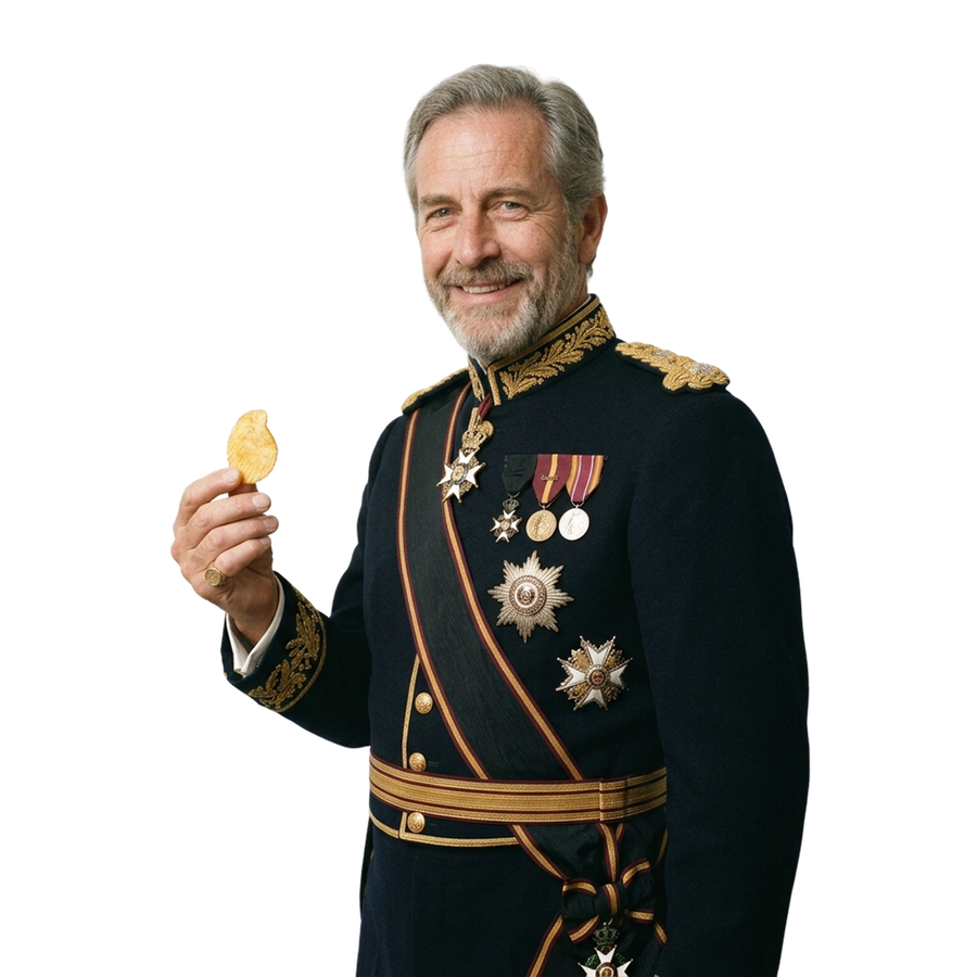 Sa Majesté Royale, fondateur de Chipsy King, tenant une chips